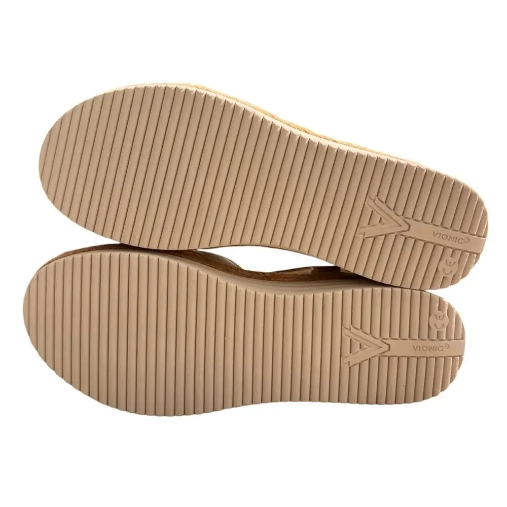 VIONIC Mar Wedge Sandal Camel Gold & Brown Leather NEW Women’s 8.5 Strappy Beach